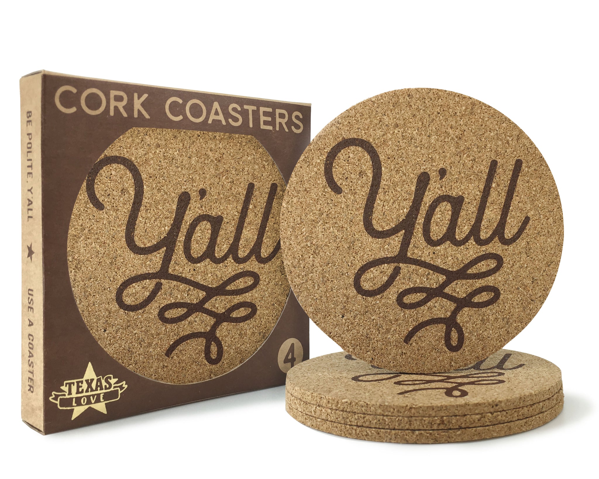 Y'all Texas Coasters 3.5 Inch Cork Coasters - Set of 4 – Texas